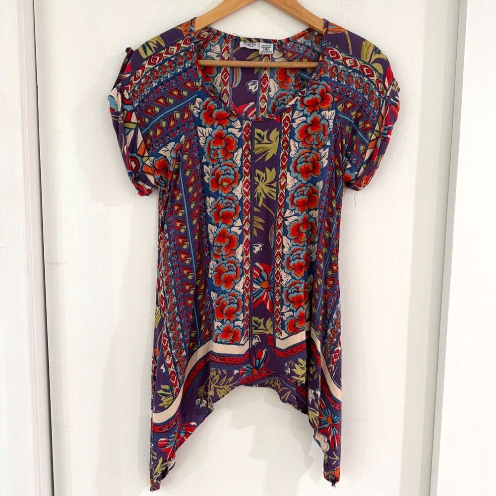 Charming Charlie Womens M Bohemian Short Sleeve Tunic Top Round Neck Rayon